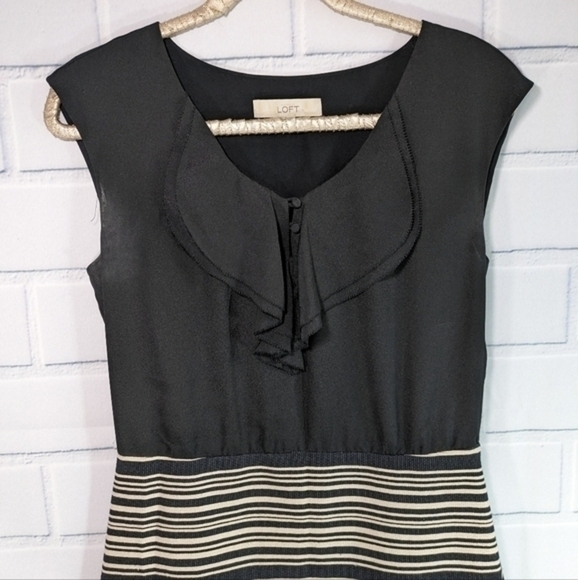 LOFT Black/Cream Sheath Dress Ruffled Bodice - Picture 1 of 6